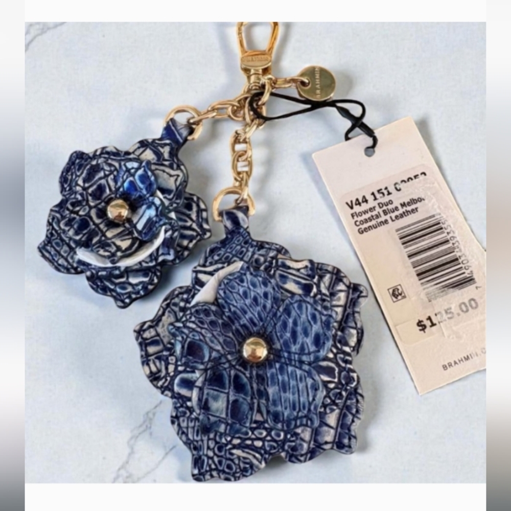 Brahmin Coastal Blue Leather Flower Keychain